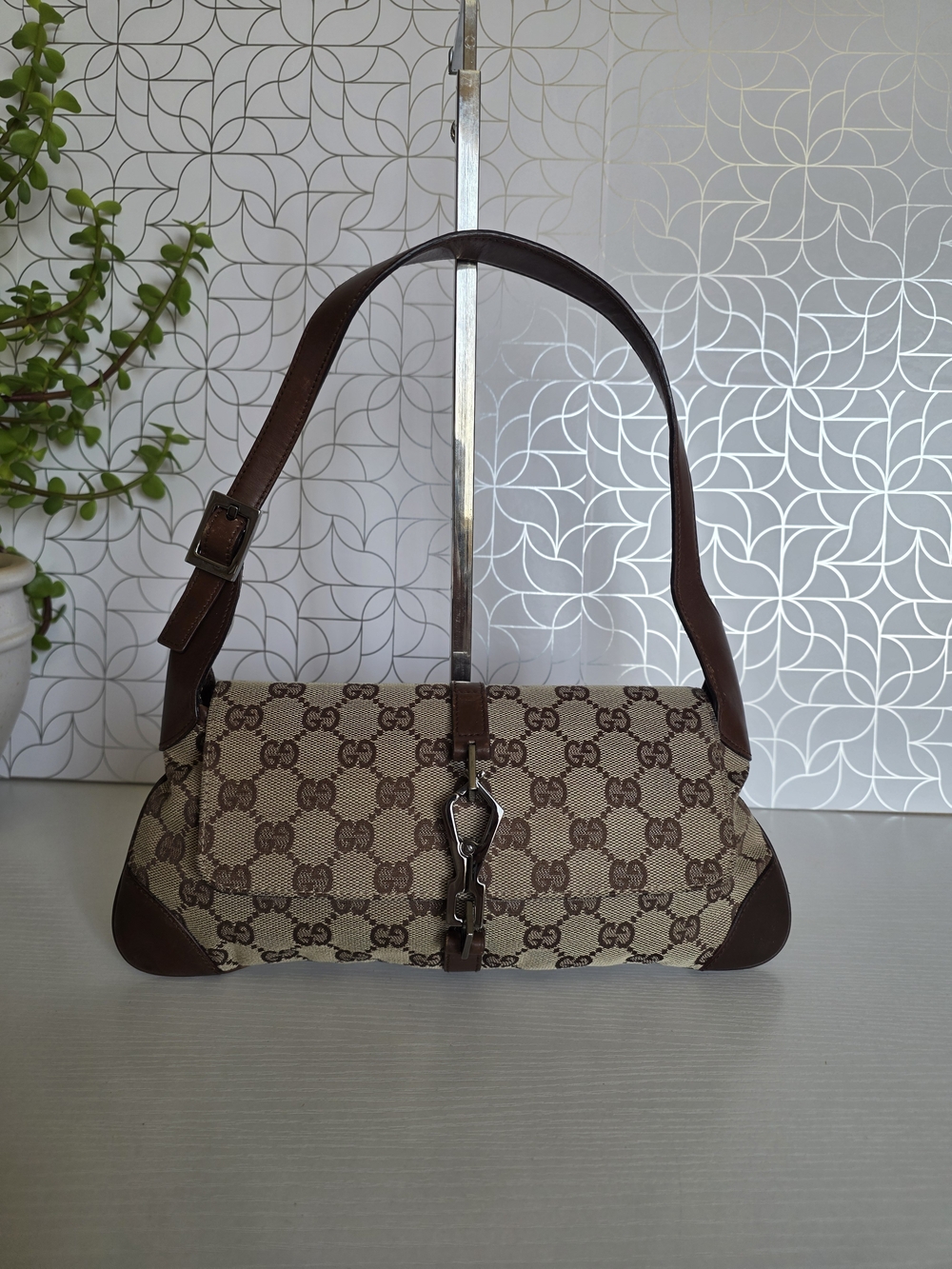 Gucci Monogram Jackie O Flap 00s vintage in canvas & leather shoulder bag